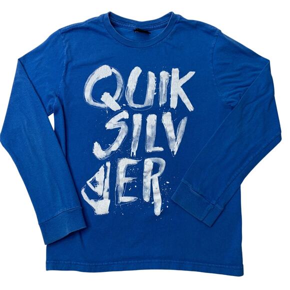 Quicksilver Boys Sz Large Long Sleeve Blue White Spellout Logo Tee Shirt Surf - Picture 1 of 7